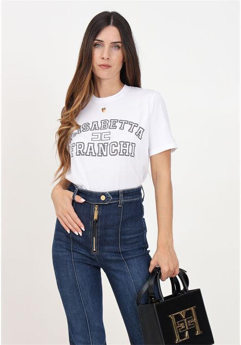 Women's white short sleeve t-shirt with college style logo print ELISABETTA FRANCHI | MA01546E2270